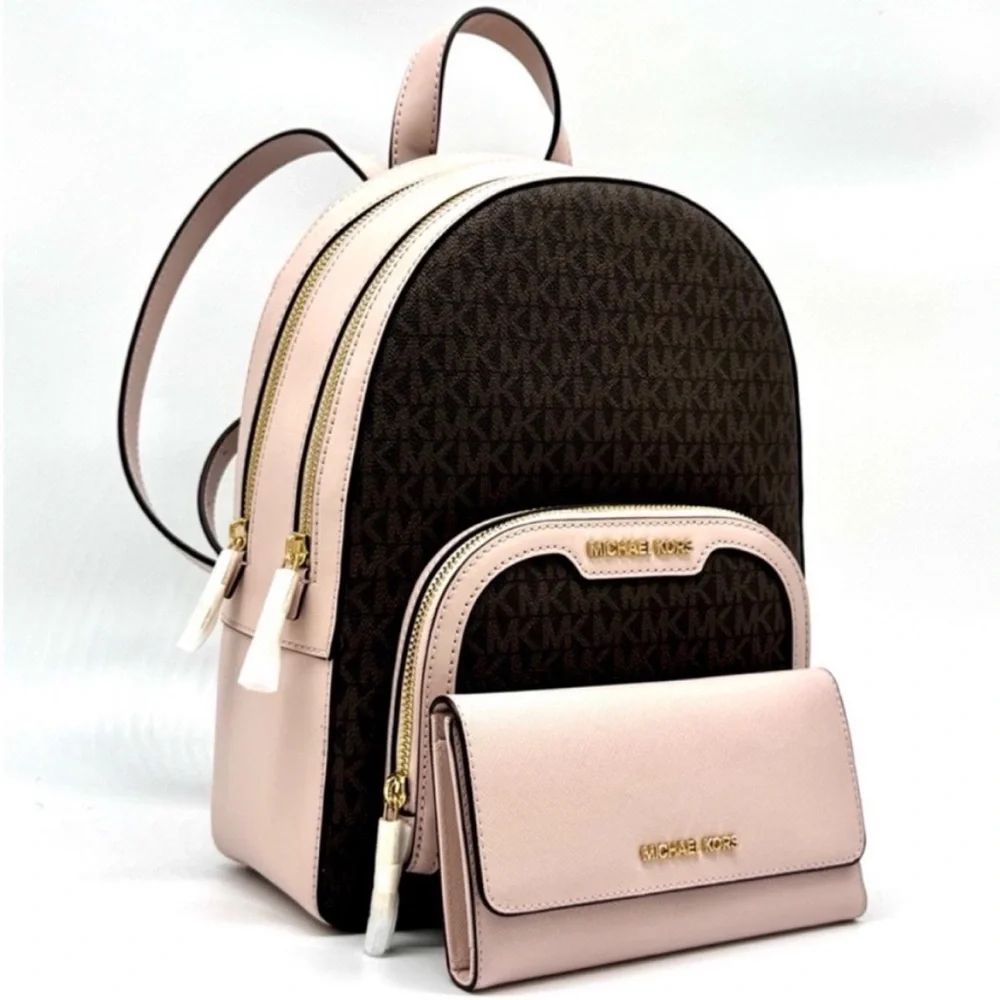 Michael Kors Jaycee Medium Logo Backpack & Matching Trifold Wallet Powder Blush - Picture 2 of 13